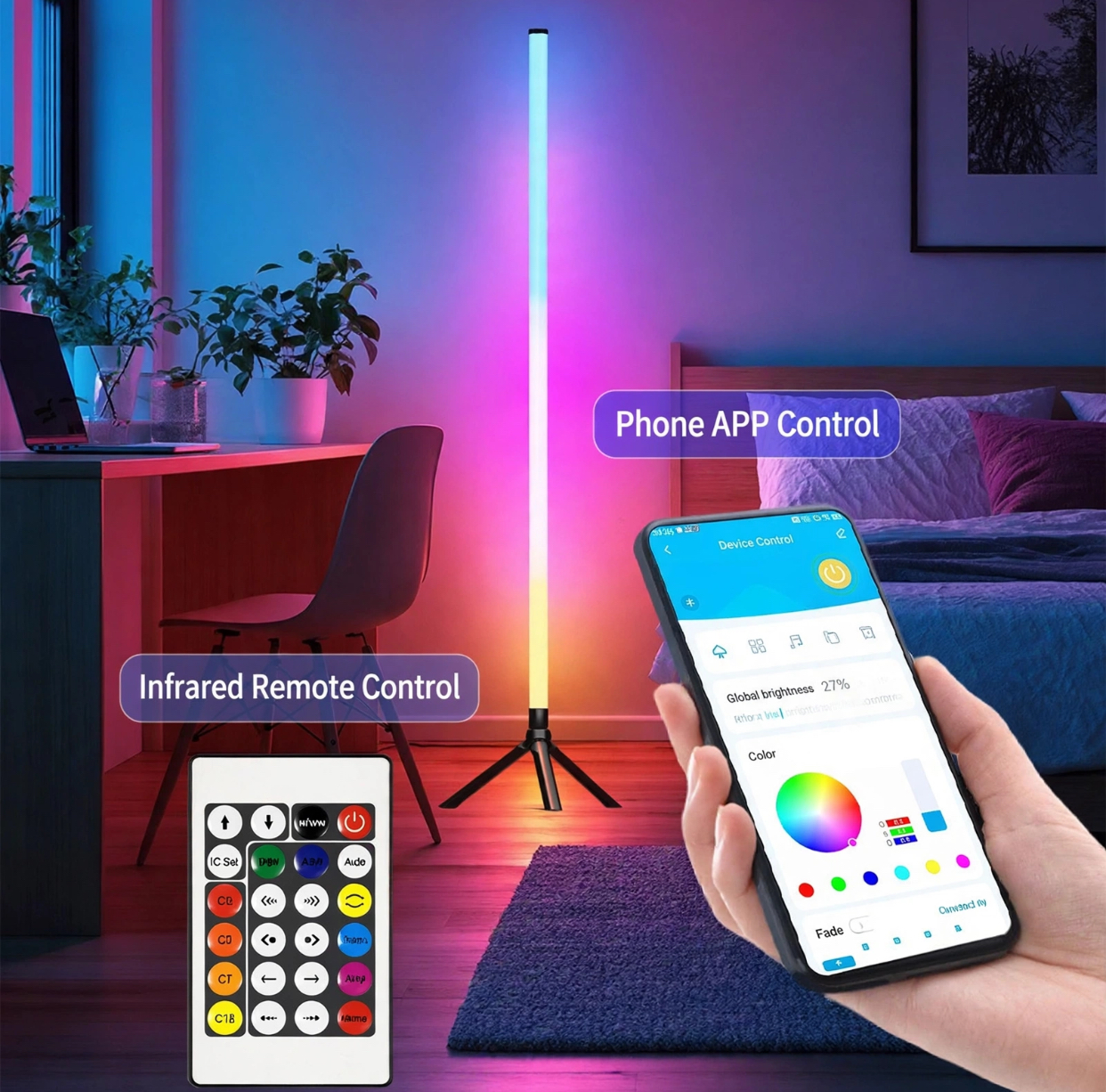 IMG_4765 RGB Corner Floor Lamp 1.2M - Gaming Mood Light with APP + IR Remote Control - Image 1