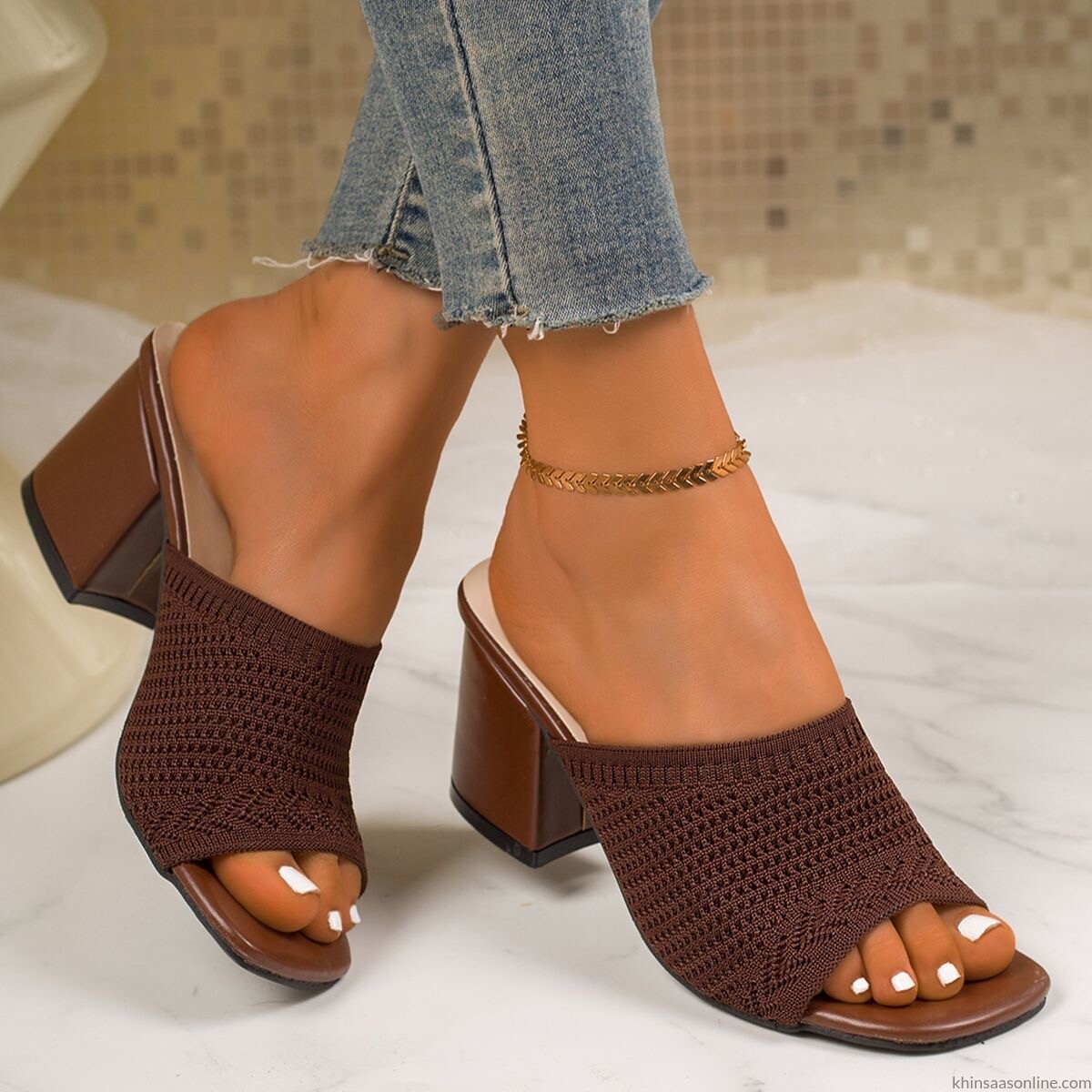IMG_4890 Women Knitted Block Heel Mules - Open Toe Slip On Heels - Image 1