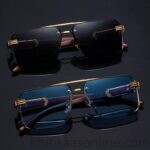 Rimless Rectangular Sunglasses With Gold Frame And Wooden Pattern Temple. No Rim Design.