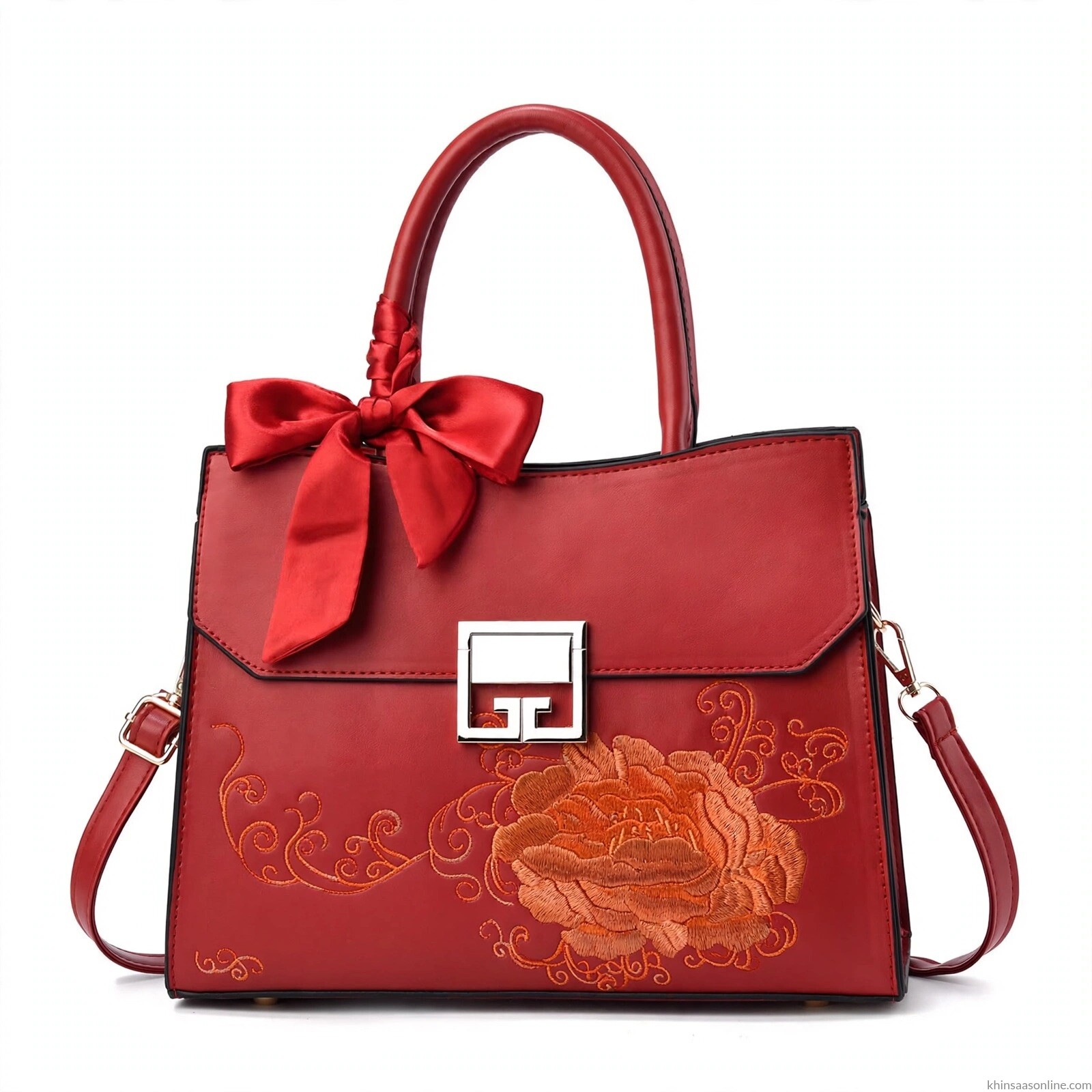 e6cc73e8-4d5f-26db-034b-be8ebd25fc87 Floral Embroidered Women Handbag with Scarf - Top Handle Shoulder Bag - Image 1