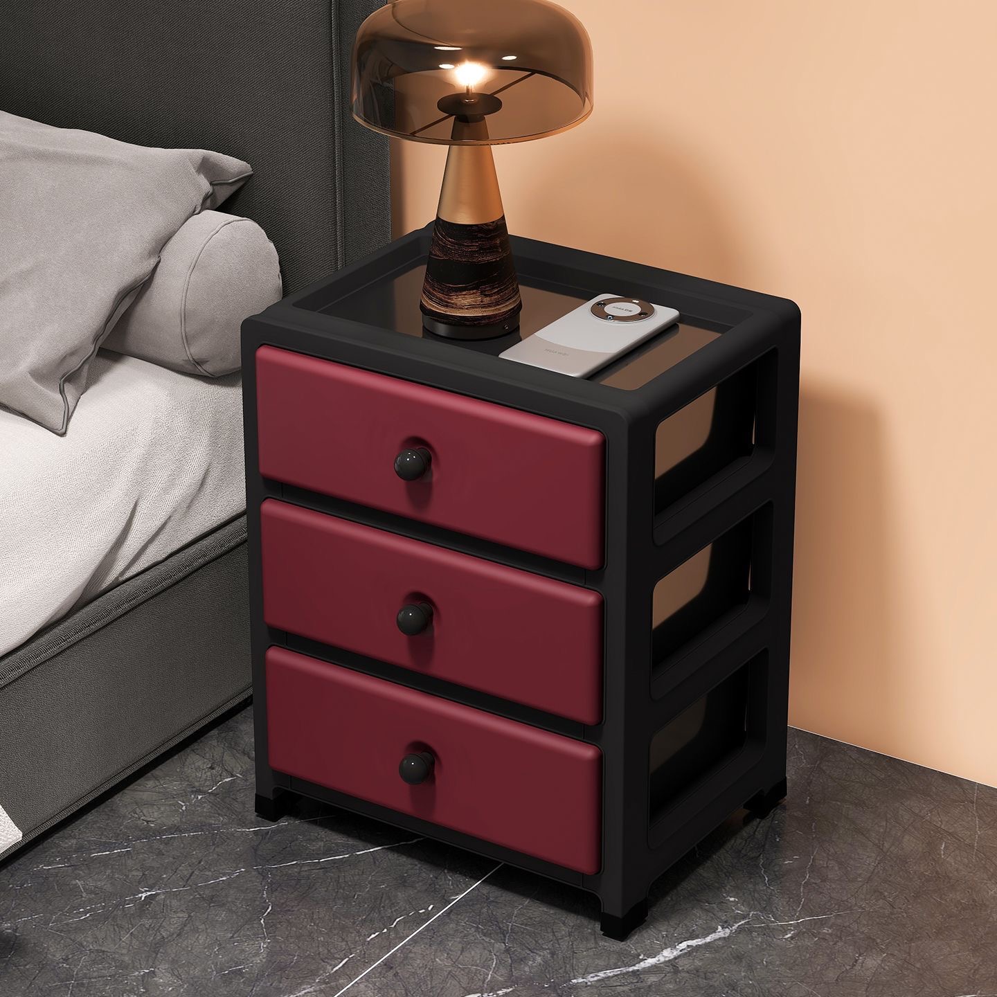 IMG_7848 Three-Drawer Bedside Storage Unit – Black and Burgundy - Image 1