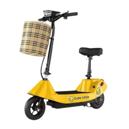 Compact Seated Electric Scooter with Front Basket – Yellow