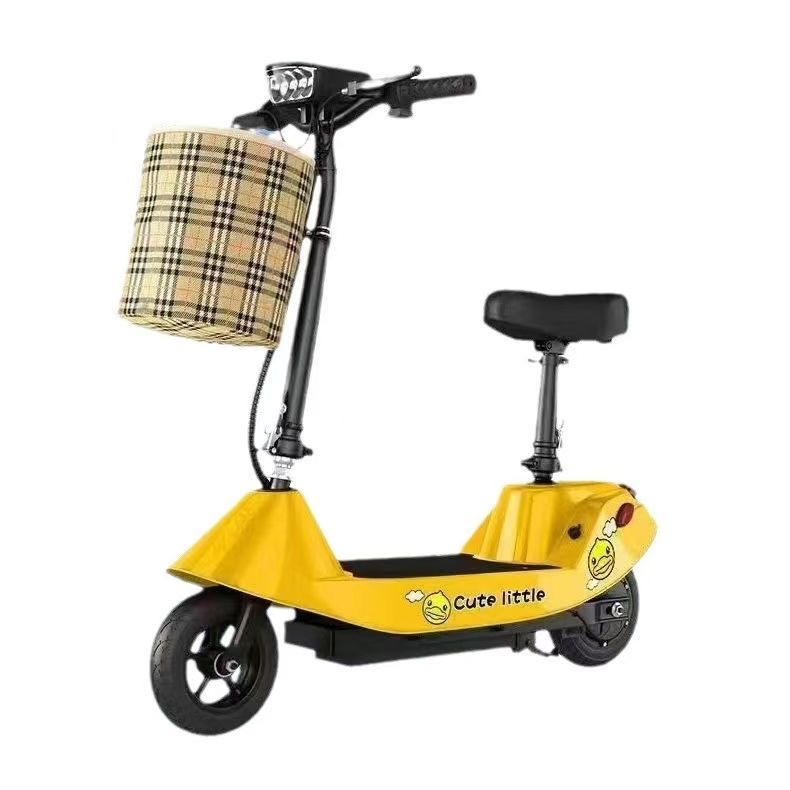 Compact Seated Electric Scooter with Front Basket &ndash; Yellow