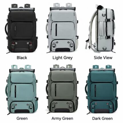 Backpack colours in black, light grey, green, army green and dark green