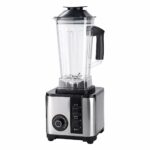 Stainless steel blender with clear jug and black controls