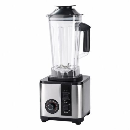 Stainless steel blender with clear jug and black controls