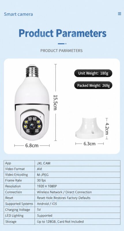 Smart bulb camera with English specifications and dimensions