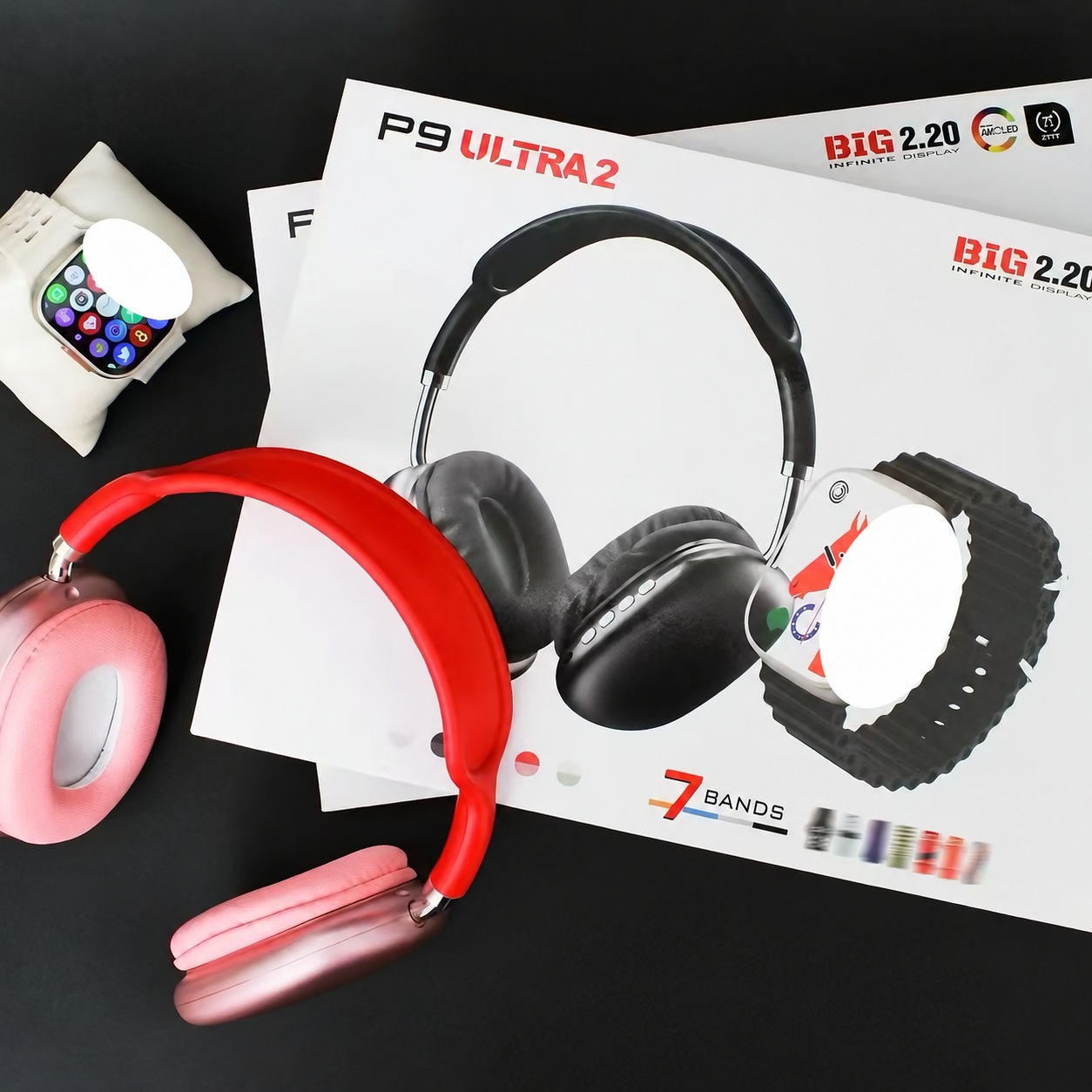 P9 Ultra Headphones and Smartwatch Set – clean image P9 Ultra Headphones and Smartwatch Set product photograph