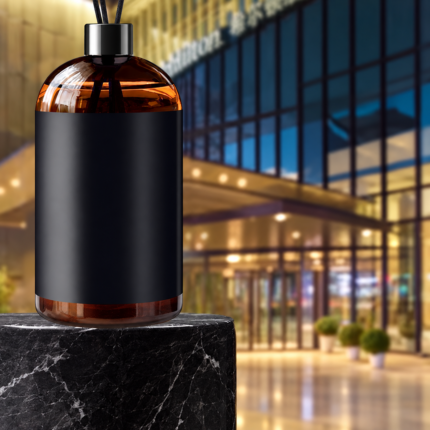 Amber reed diffuser bottle with black cap and reed sticks