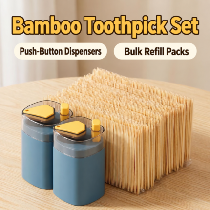 Bamboo toothpick refill packs with two push-button dispensers and English headings