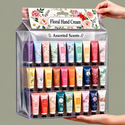 Mixed floral hand cream tubes with English display headings