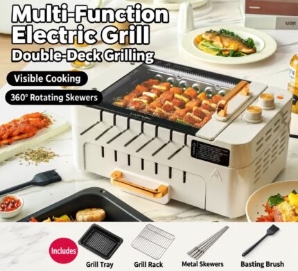 Double deck electric grill and included accessories