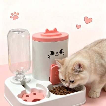 Pink pet food and water feeder set