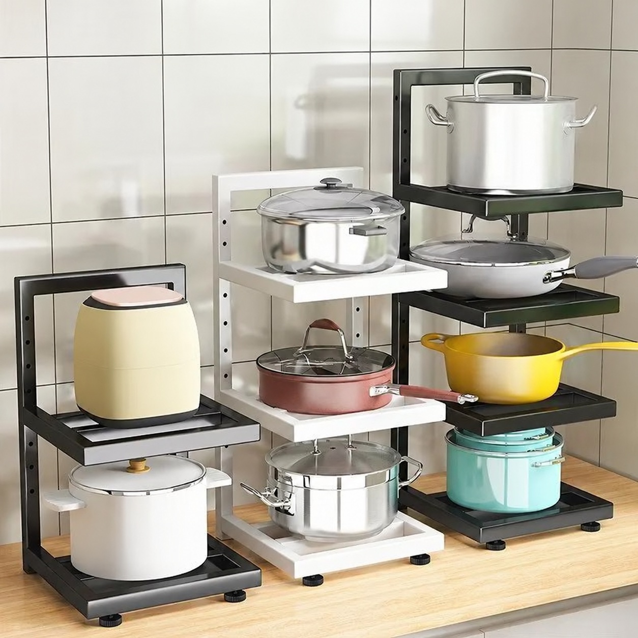 Adjustable Kitchen Cookware Rack – English Clean Photo Adjustable kitchen cookware racks without supplier adverts
