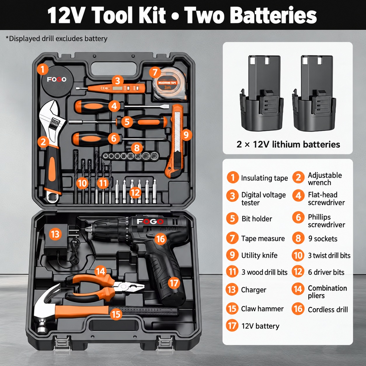 12V Cordless Tool Kit with Two Batteries