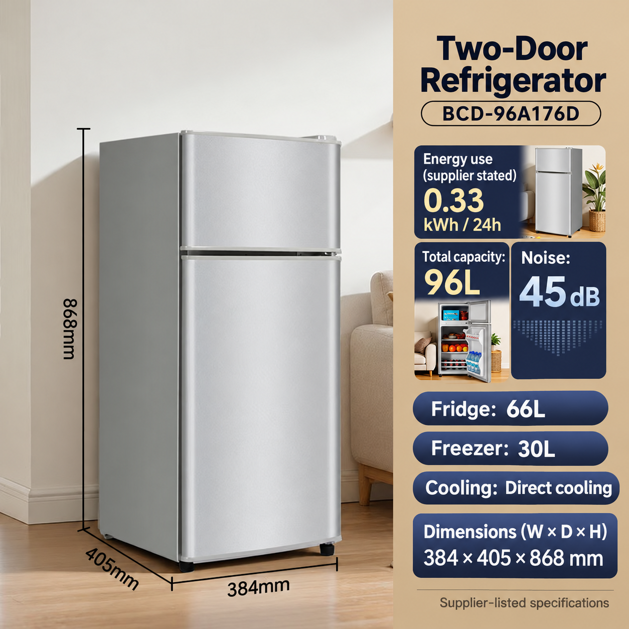 khinsaas-fridge-96l-english 96L silver two-door refrigerator with English specifications