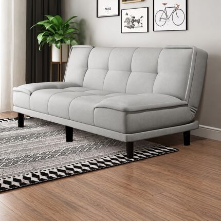 Light-grey tufted sofa bed