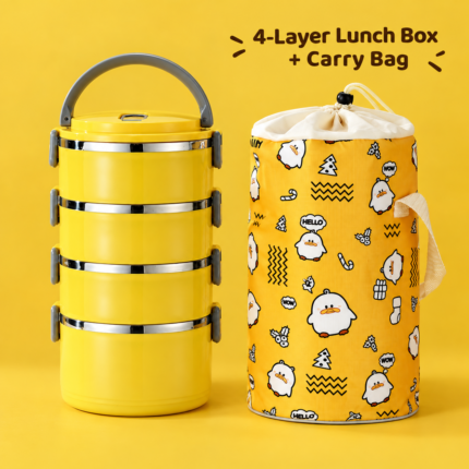Four-Layer Yellow Lunch Box with Penguin Carry Bag