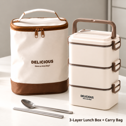 Three-Layer Rectangular Lunch Box with Carry Bag – Cream
