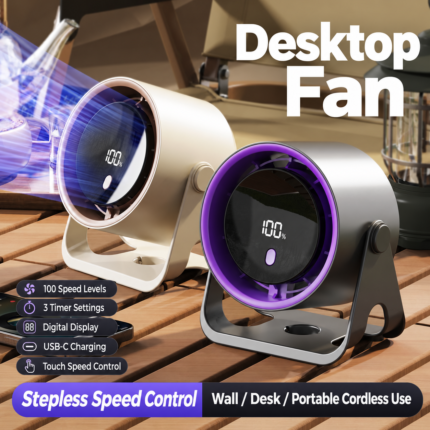 Rechargeable Desktop Fan – 100 Speed Levels, Purple Grey