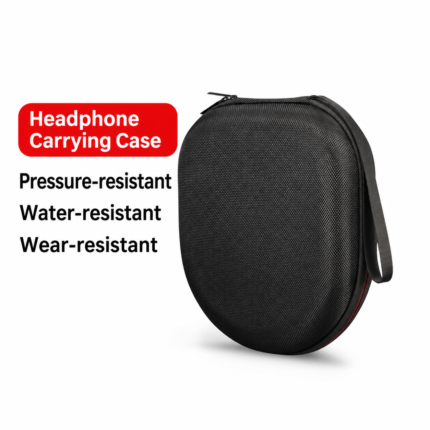 Black hard-shell headphone carrying case — English product labels