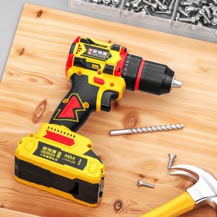 Airuide yellow and black brushless cordless drill — two-battery package