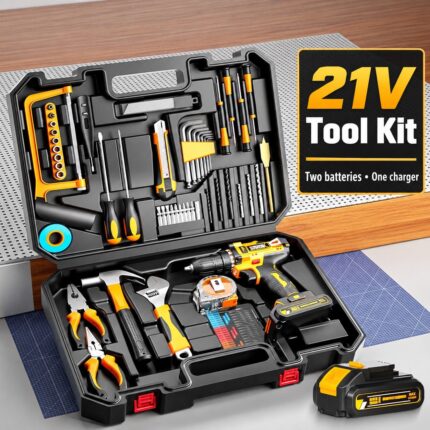 21V drill and hand-tool case with two batteries and one charger