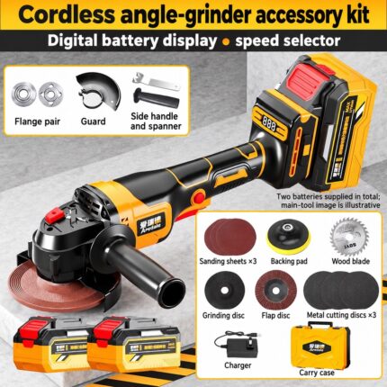 Cordless digital-display angle grinder — two-battery accessory kit