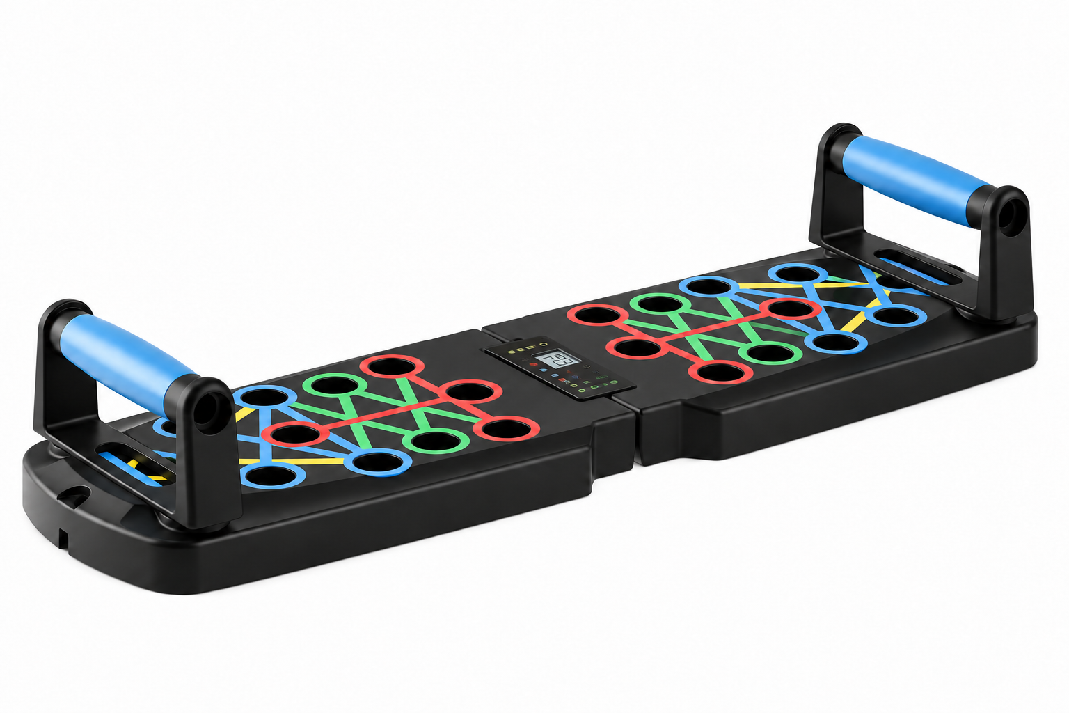 Folding Push-Up Training Board Folding push-up training board with coloured guide holes and two blue handles