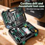 Green cordless drill with pictured hand tools and moulded storage case