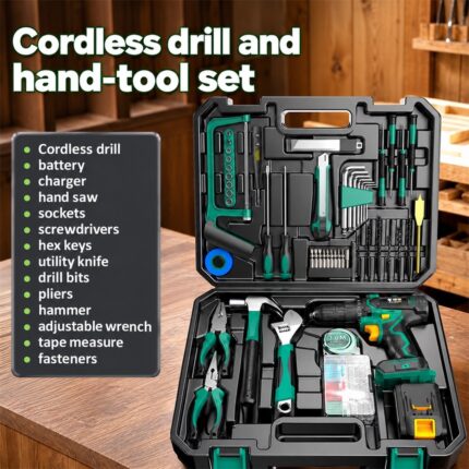 Green cordless drill with pictured hand tools and moulded storage case