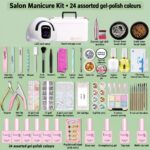 24-colour salon manicure kit with LED lamp, hard case, nail drill and pictured manicure accessories