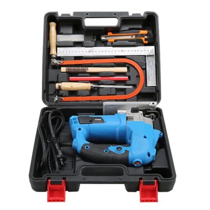 Blue corded jigsaw with carrying case and pictured hand tools