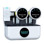White USB-C dual wireless microphone kit with round transmitter displays