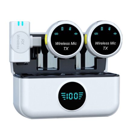 White USB-C dual wireless microphone kit with round transmitter displays