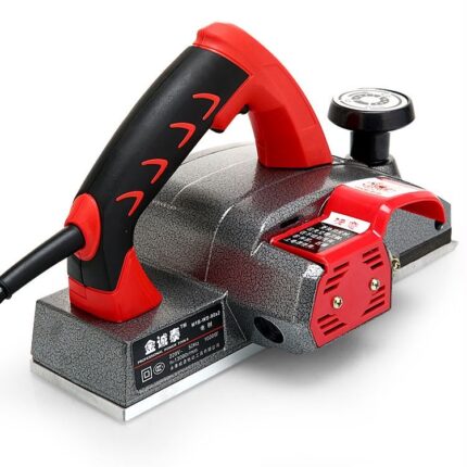 Red hand planer with textured metal housing — rear view