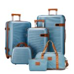 Blue ribbed luggage collection with matching travel bag and pouch