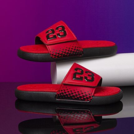 Red number 23 slide sandals