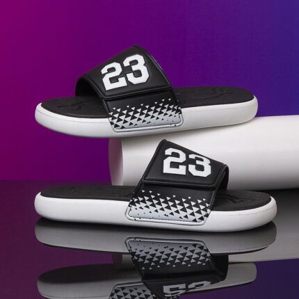 Black and white number 23 slide sandals