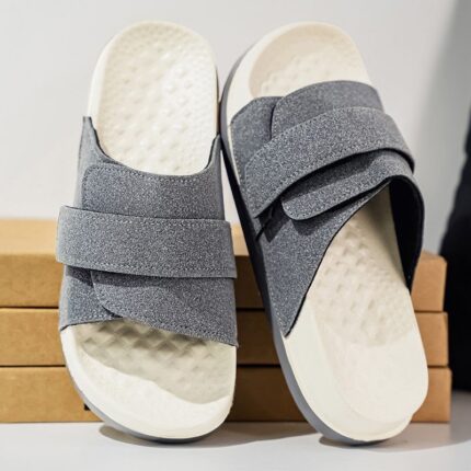 Grey double-strap slide sandals