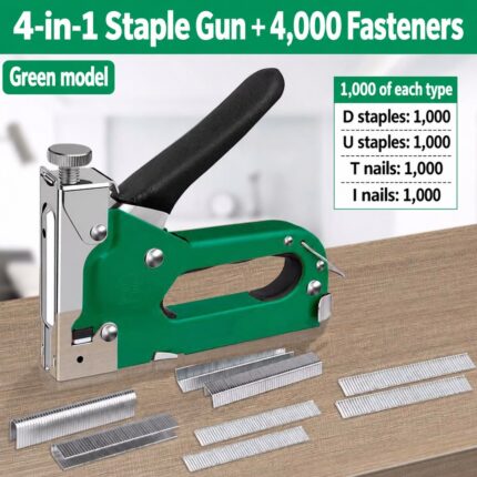 Green manual staple gun with 4,000 mixed fasteners — English