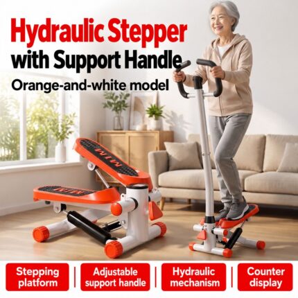 Orange-and-white hydraulic stepper with support handle — English