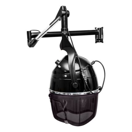 Black wall-mounted salon hood dryer — side view