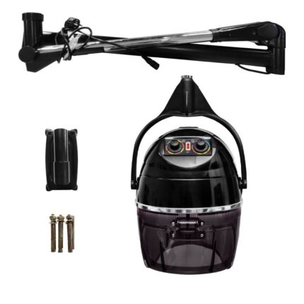 Black salon hood dryer with wall arm and pictured mounting fittings