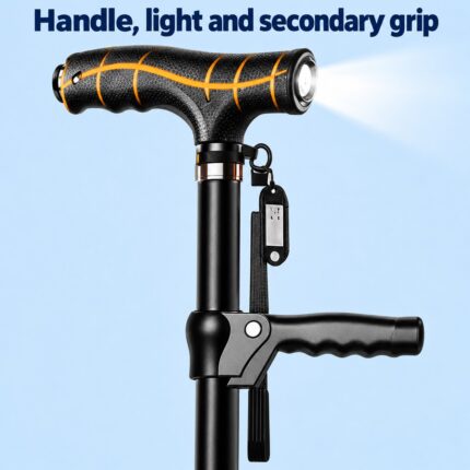 Black adjustable four-foot cane with handle light and secondary folding grip