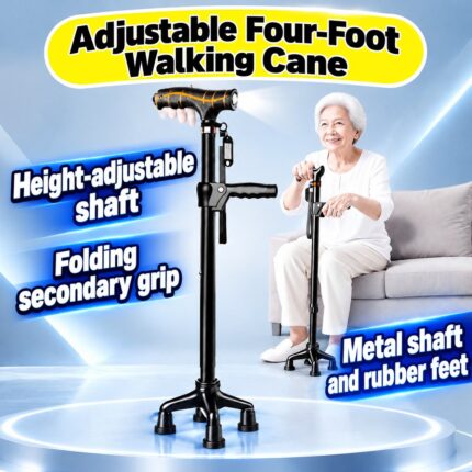 Black adjustable four-foot cane with handle light and secondary folding grip