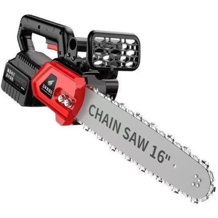 Red cordless chainsaw — main kit photograph shows included accessories