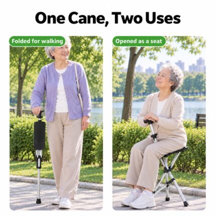 Black folding seat cane with adjustable metal frame — supplier view