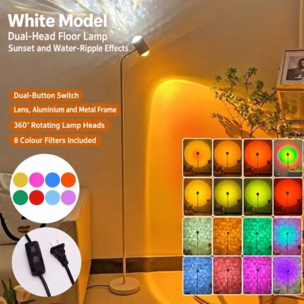 White dual head floor lamp with sunset and water ripple effects