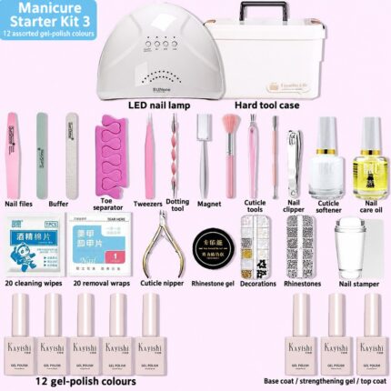 Manicure starter kit with LED lamp, hard case, gel polish and manicure tools